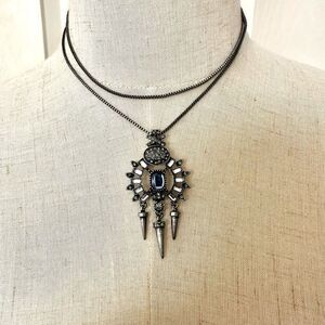 AU long blue silver tone rhinestone pendant necklace